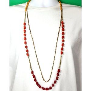 Long Chain & Bead Necklace Double Strand 42 in. Gold Tone Red Yellow Opera Style